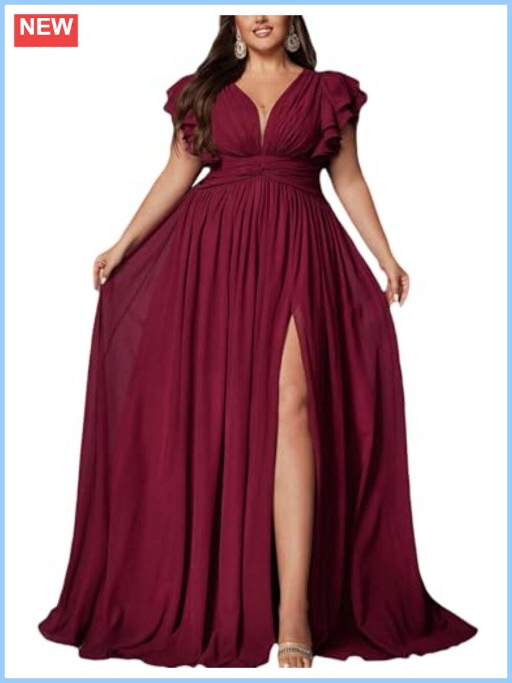 Plus Size A-Line Formal Gown V-Neck Ruffle Sleeve High Slit Wedding Guest Dress